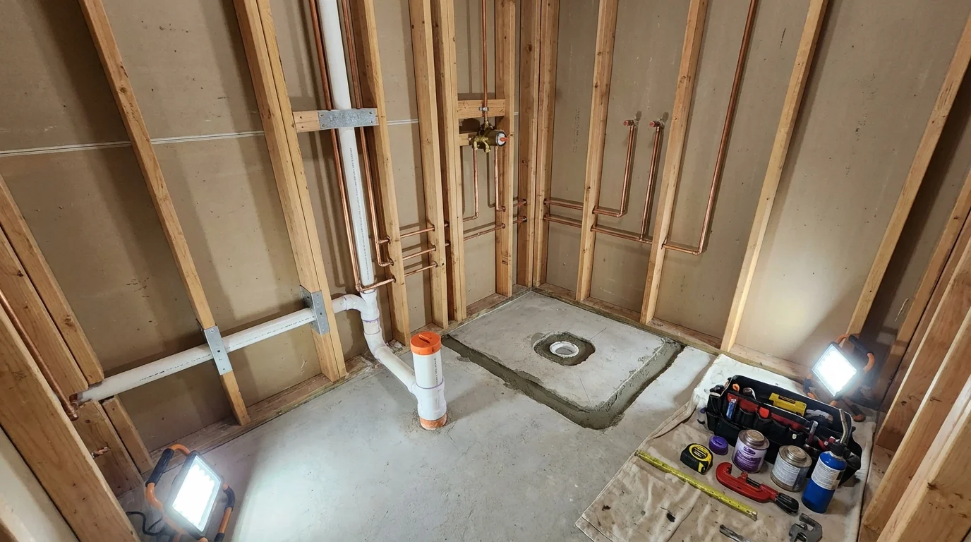 Bathroom rough-in plumbing during remodel by Johns Plumbing LLC in Stoneham