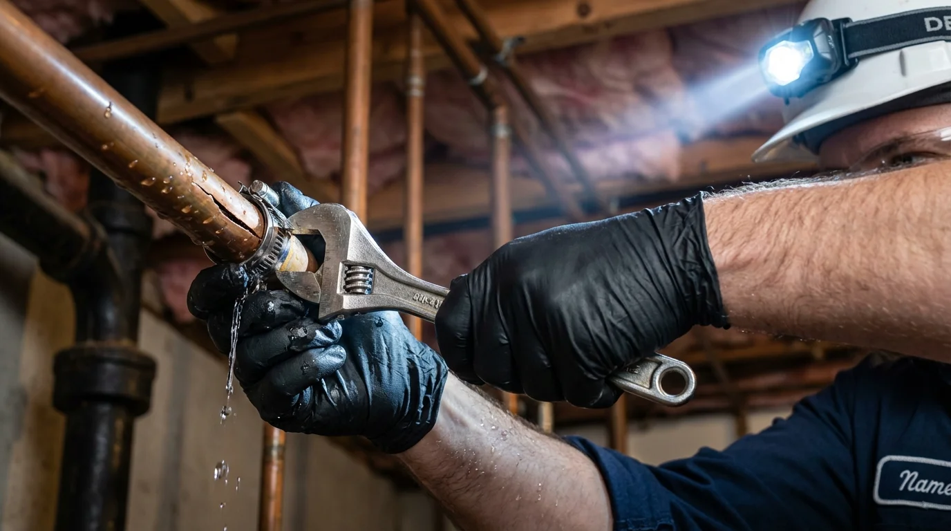 Emergency pipe clamp repair being performed by a Johns Plumbing LLC plumber in Stoneham