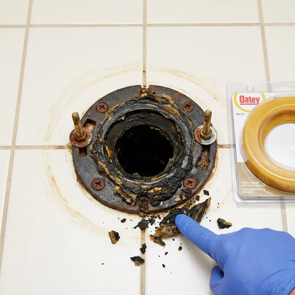 Failed wax ring showing water seepage at the base of a toilet in a Stoneham, MA home