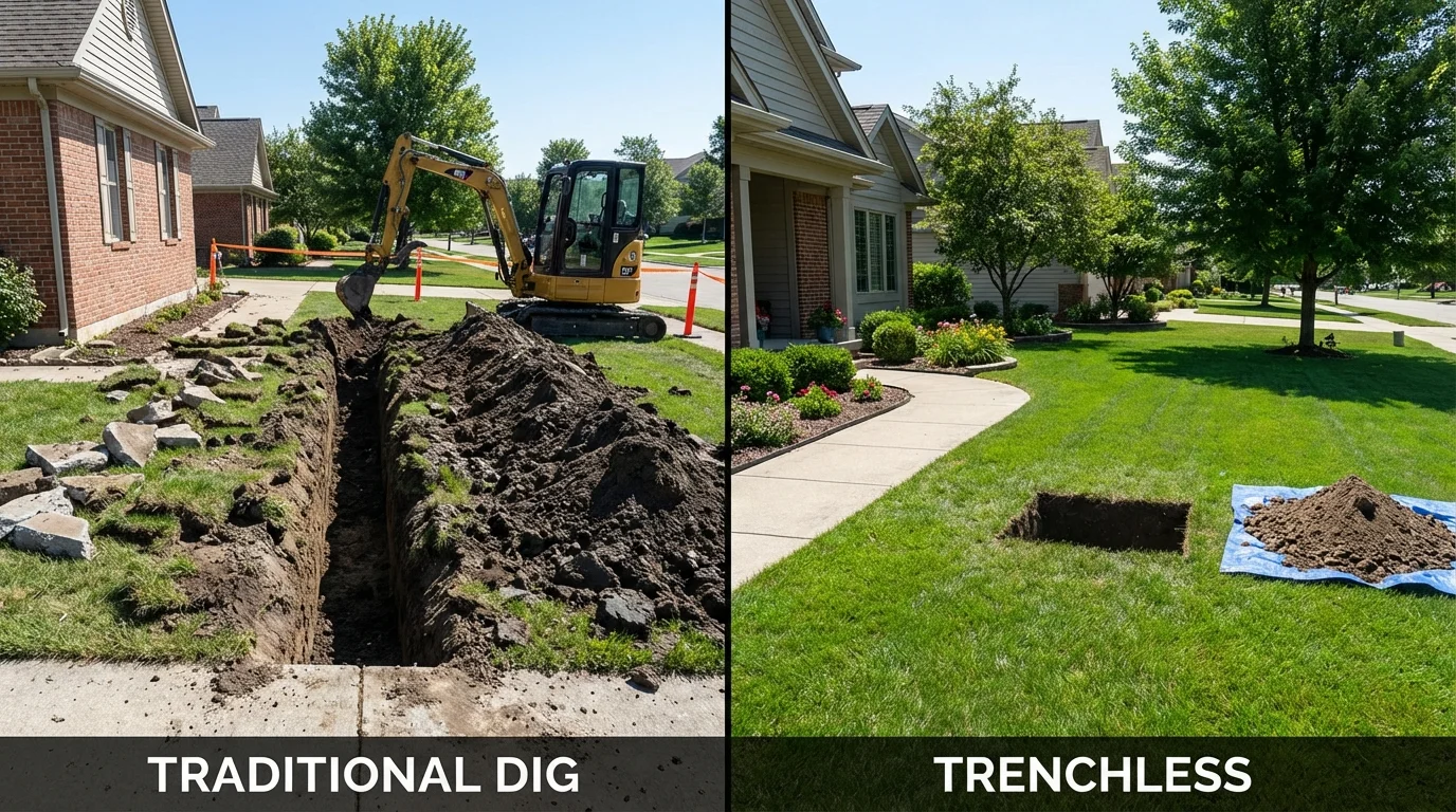 Trenchless sewer repair with minimal yard damage versus traditional excavation in Stoneham, MA