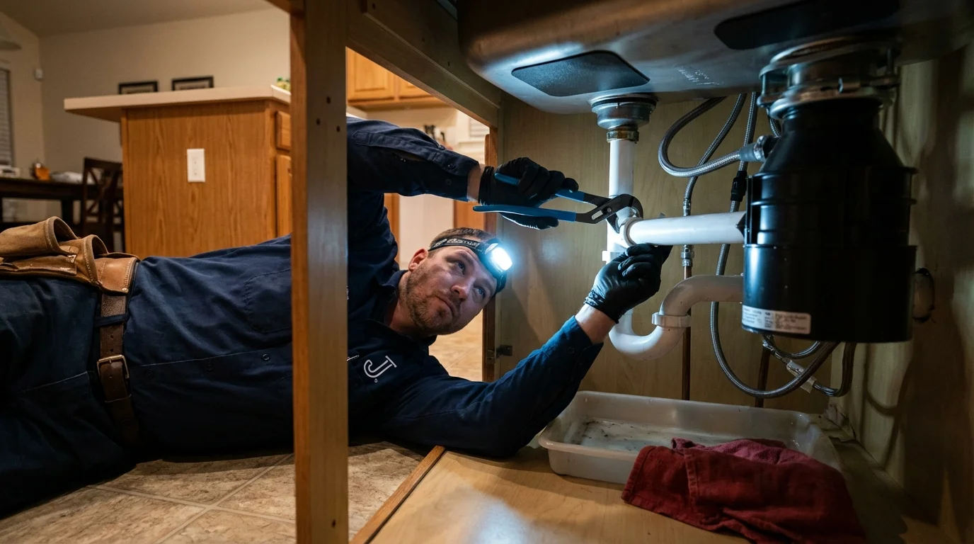 P-trap and supply line connections under a kitchen sink showing a common leak point in Stoneham, MA